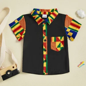 Toddler Boys Short Sleeve African Print Button Down Shirt Summer Tops Kids Casual Ethnic Style Blouse for Boys