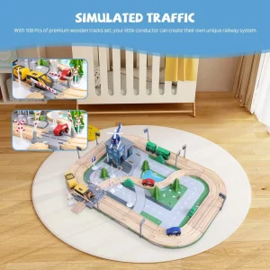 108 Pcs Kids Road Train Track Toy Set, Easily Connected Different Tracks Railway Toys, Polished Wooden Children Train Toy for En