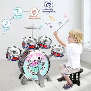 Toy Mini Jazz Drum Set 6 Drums with Stool Beginners Boys Girls (with LED Light)