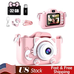 Kids Camera Toys Mini Camera With Video Cartoon Soft Silicone Cover 32GB SD Card